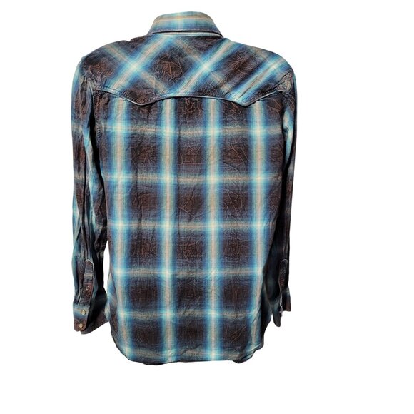 Petrol Industries Mens L Plaid Western Shirt Pearl Snap Blue Brown 100% Cotton - Picture 6 of 12